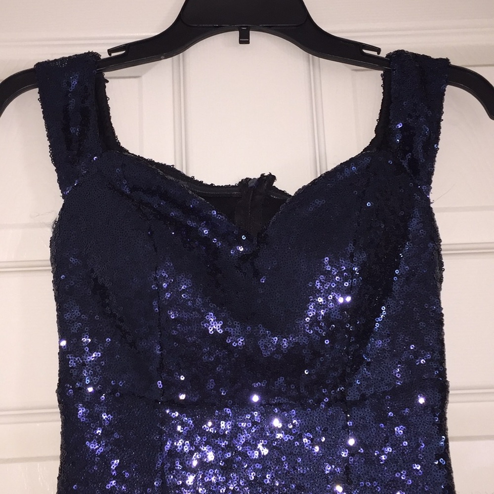 Blue sequence off the shoulder evening gown. - Picture 3 of 4